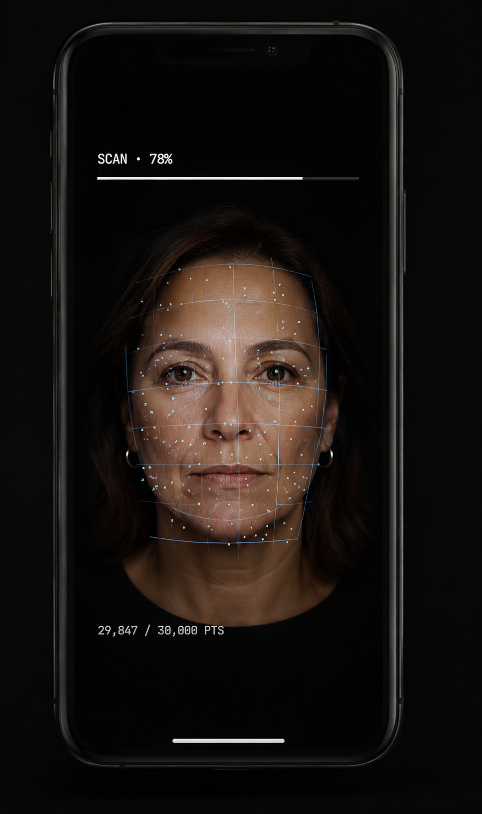 iPhone scanning a face — 78% complete, 29,847 of 30,000 infrared points captured