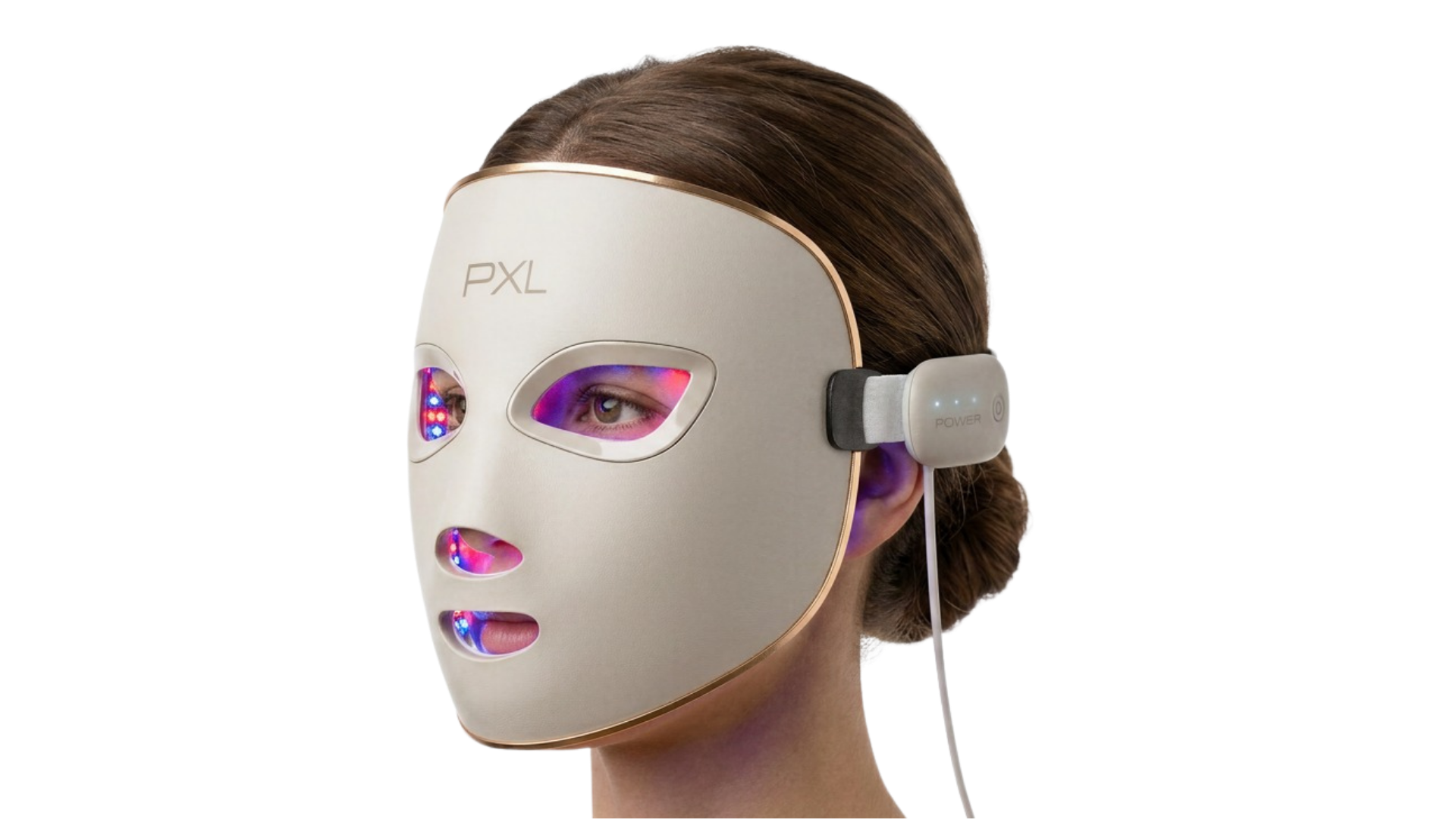 PXL Mask — cream and gold LED phototherapy mask, worn with the red and blue LEDs visible through the eye and mouth cutouts